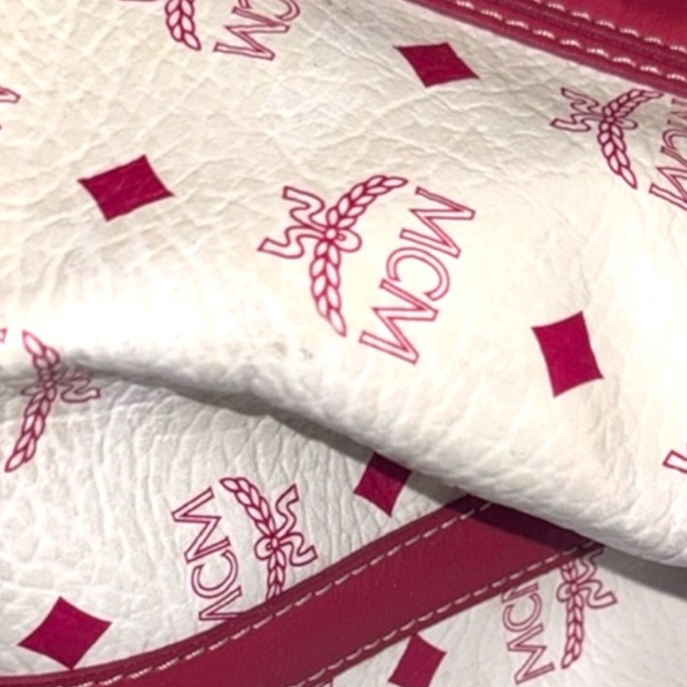MCM Signature Logo Visetos Leather Raspberry and White Shoulder Bag! GUC